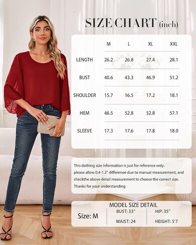 Women's Blouses Bell Sleeve Double Layers Casual Round Neck Embroidered Elegant Chiffon Tunic Top in Saudi Arabia