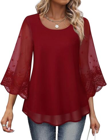 Women's Blouses Bell Sleeve Double Layers Casual Round Neck Embroidered Elegant Chiffon Tunic Top in Saudi Arabia