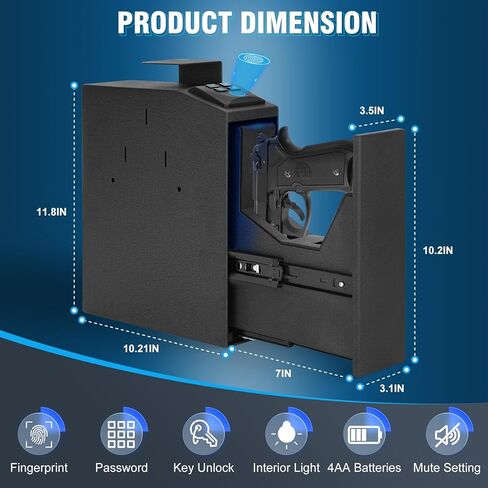 Pistol Safe with Biometric Fingerprint for Truck, Desk, Bedside, Wall, Biometric Pistol Safe with Fingerprint, PIN Code, KEY Access, Auto Sliding Door Gun Safe Box in Kuwait