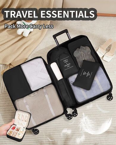 مجموعة من 11 مكعبات تعبئة، منظمات حقائب السفر، حقائب تنظيم الأمتعة للسفر، مكعبات التعبئة للسفر، مع حقيبة أدوات الزينة، أساسيات السفر، وردي in Kuwait