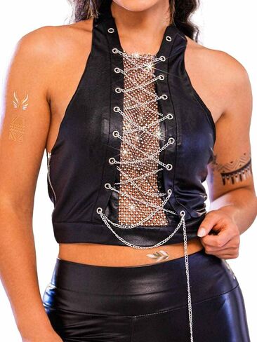 Punk Rhinestone Black Corset Top Mesh Halter Black Crop Tops Dance Club Bustier Top Party Accessories for Women in Saudi Arabia