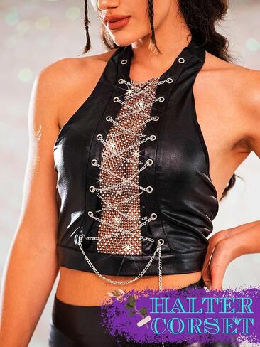 Punk Rhinestone Black Corset Top Mesh Halter Black Crop Tops Dance Club Bustier Top Party Accessories for Women in Saudi Arabia