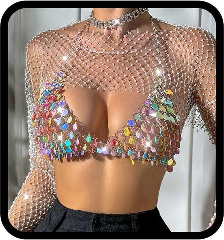 TWINKLEDE قوس قزح الجسم سلسلة أعلى قزحي الألوان شل الصدرية سباركلي بيكيني سلسلة مثير الصيف الشاطئ حزب قمم للنساء in Kuwait