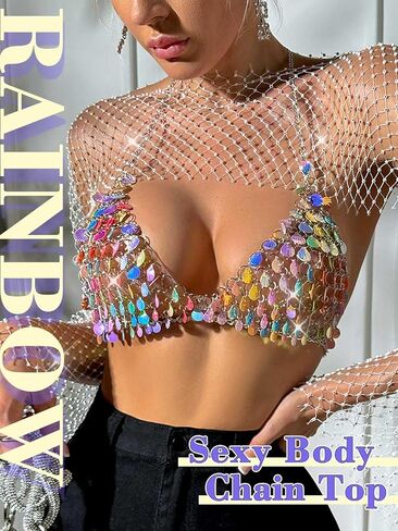 TWINKLEDE قوس قزح الجسم سلسلة أعلى قزحي الألوان شل الصدرية سباركلي بيكيني سلسلة مثير الصيف الشاطئ حزب قمم للنساء in Kuwait