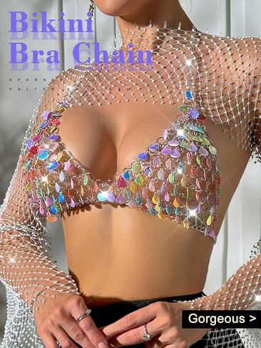 TWINKLEDE قوس قزح الجسم سلسلة أعلى قزحي الألوان شل الصدرية سباركلي بيكيني سلسلة مثير الصيف الشاطئ حزب قمم للنساء in Kuwait