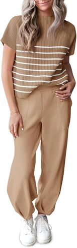 Tankaneo Women's 2 Piece Outfits Knit Pullover Striped Short Sleeve Sweater Tops and Pants Lounge Matching Sweatsuit Sets in Kuwait
