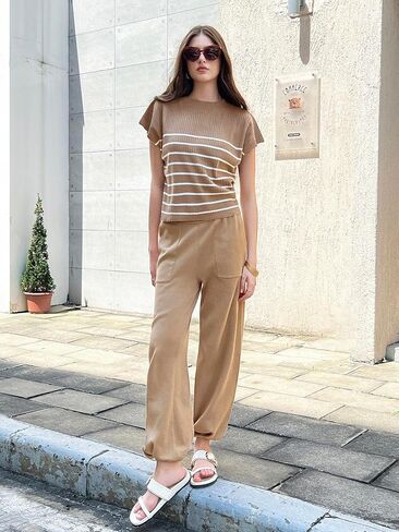 Tankaneo Women's 2 Piece Outfits Knit Pullover Striped Short Sleeve Sweater Tops and Pants Lounge Matching Sweatsuit Sets in Kuwait