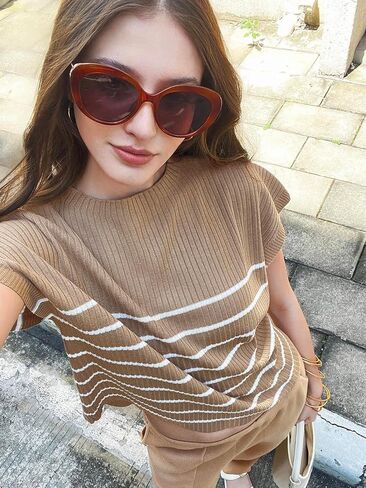 Tankaneo Women's 2 Piece Outfits Knit Pullover Striped Short Sleeve Sweater Tops and Pants Lounge Matching Sweatsuit Sets in Kuwait