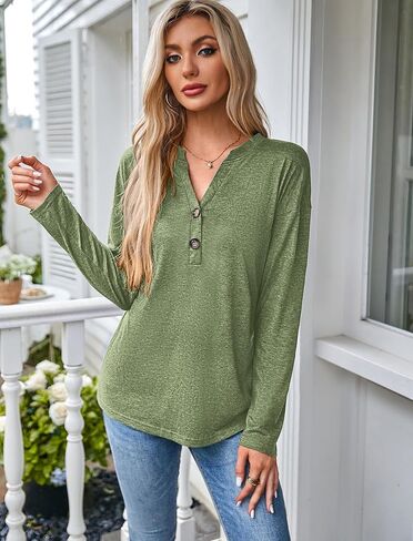 Halife Women's V Neck Long Sleeve T Shirts Dressy Casual Button Down Tunic Blouses Loose Fit Fall Basic Tee Tops in Saudi Arabia
