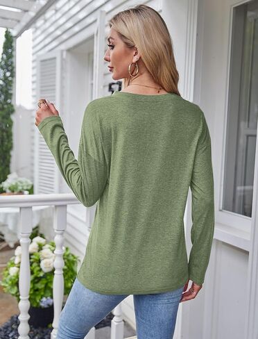 Halife Women's V Neck Long Sleeve T Shirts Dressy Casual Button Down Tunic Blouses Loose Fit Fall Basic Tee Tops in Saudi Arabia