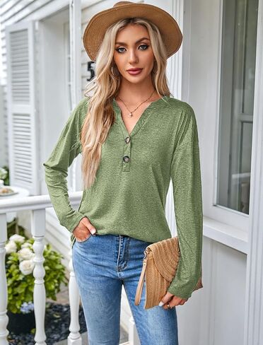 Halife Women's V Neck Long Sleeve T Shirts Dressy Casual Button Down Tunic Blouses Loose Fit Fall Basic Tee Tops in Saudi Arabia