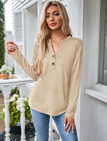 Halife Women's V Neck Long Sleeve T Shirts Dressy Casual Button Down Tunic Blouses Loose Fit Fall Basic Tee Tops in Saudi Arabia