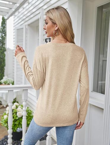Halife Women's V Neck Long Sleeve T Shirts Dressy Casual Button Down Tunic Blouses Loose Fit Fall Basic Tee Tops in Saudi Arabia