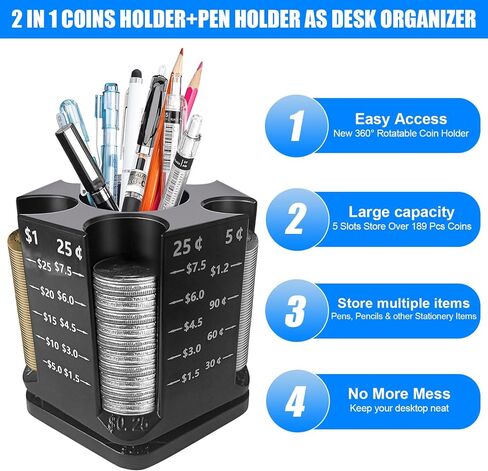 عدادات العملات المعدنية وفرز العملات المعدنية، فارز عملات معدنية قابل للدوران 360 درجة مع حامل أقلام، بنك خنزيري للبالغين والأطفال، منظم عملات معدنية للاستخدام في المنزل والمكتب في السيارة، تخزين أكثر من 189 قطعة عملات معدنية in Kuwait