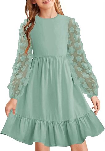 فستان خريفي للفتيات من YOVION فستان شبكي بأكمام طويلة وكشكشة وطبقات واسعة على شكل حرف a للحفلات الرسمية مع جيوب in Kuwait