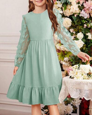 فستان خريفي للفتيات من YOVION فستان شبكي بأكمام طويلة وكشكشة وطبقات واسعة على شكل حرف a للحفلات الرسمية مع جيوب in Kuwait