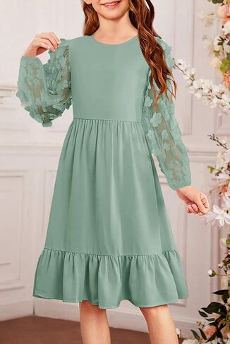 فستان خريفي للفتيات من YOVION فستان شبكي بأكمام طويلة وكشكشة وطبقات واسعة على شكل حرف a للحفلات الرسمية مع جيوب in Kuwait