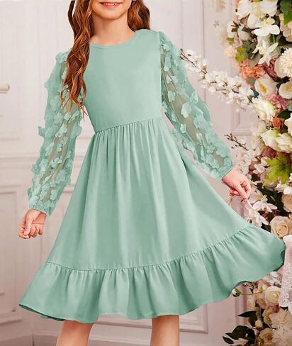 فستان خريفي للفتيات من YOVION فستان شبكي بأكمام طويلة وكشكشة وطبقات واسعة على شكل حرف a للحفلات الرسمية مع جيوب in Kuwait