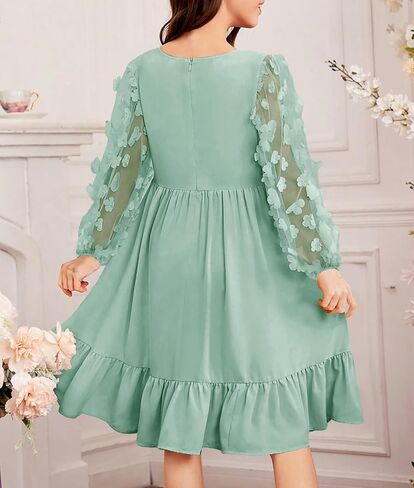 فستان خريفي للفتيات من YOVION فستان شبكي بأكمام طويلة وكشكشة وطبقات واسعة على شكل حرف a للحفلات الرسمية مع جيوب in Kuwait