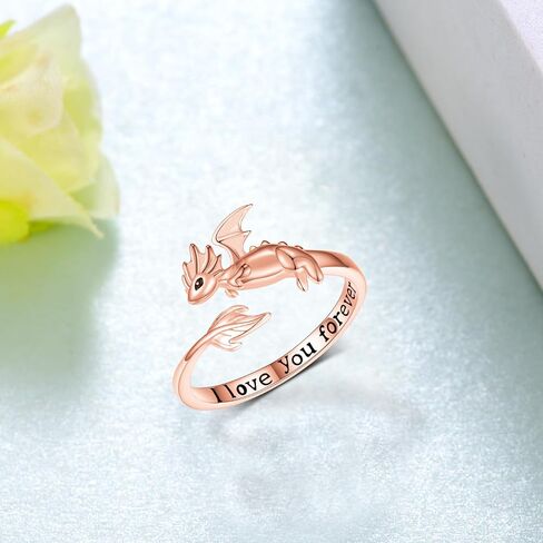 خواتم التنين للنساء 925 الفضة الاسترليني لطيف قابل للتعديل التنين الدائري المفتوح لفتاة أحبك للأبد التنين المجوهرات هدية (الذهب الوردي) in Kuwait