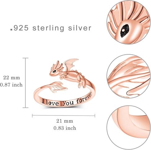 خواتم التنين للنساء 925 الفضة الاسترليني لطيف قابل للتعديل التنين الدائري المفتوح لفتاة أحبك للأبد التنين المجوهرات هدية (الذهب الوردي) in Kuwait