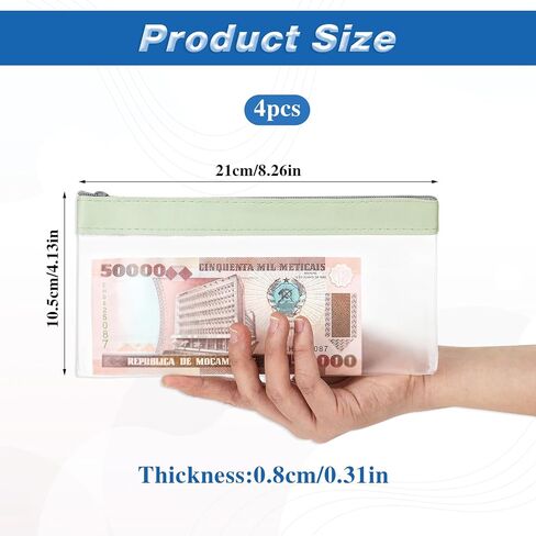 4 Pieces Money Bags With Zipper 8 x 4 Inch Transparent Envelopes Reusable Waterproof Bank Deposit Pouch for Checks Coins Bills Receipts Organizer Makeup Tool School and Office Supplies in Saudi Arabia