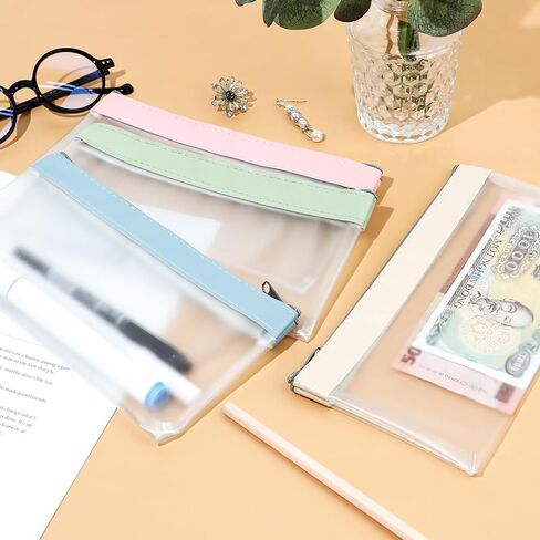 4 Pieces Money Bags With Zipper 8 x 4 Inch Transparent Envelopes Reusable Waterproof Bank Deposit Pouch for Checks Coins Bills Receipts Organizer Makeup Tool School and Office Supplies in Saudi Arabia