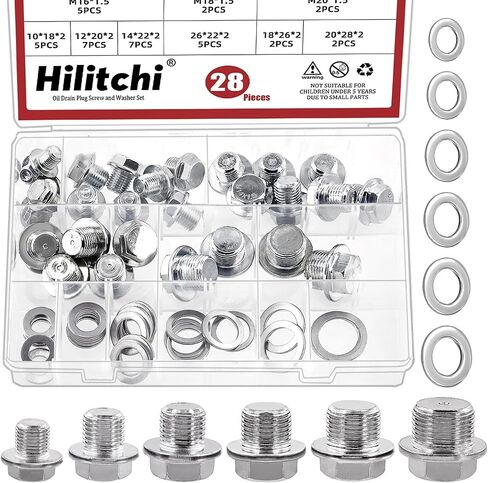 Hilitchi 56Pcs 6 Sizes Oil Drain Plug Set with Aluminum Washer Gasket, M10 x 1mm/M12 x 1.25mm/M14 x 1.5mm/M16 x 1.5mm/M18 x 1.5mm/M20 x 1.5mm Steel Magnetic Oil Drain Plug Fits for Most Vehicles in Saudi Arabia