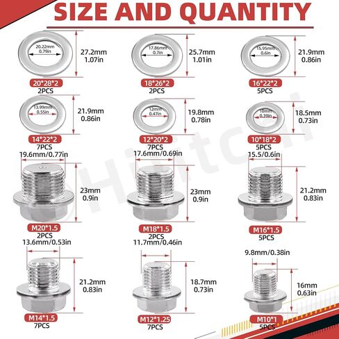 Hilitchi 56Pcs 6 Sizes Oil Drain Plug Set with Aluminum Washer Gasket, M10 x 1mm/M12 x 1.25mm/M14 x 1.5mm/M16 x 1.5mm/M18 x 1.5mm/M20 x 1.5mm Steel Magnetic Oil Drain Plug Fits for Most Vehicles in Saudi Arabia