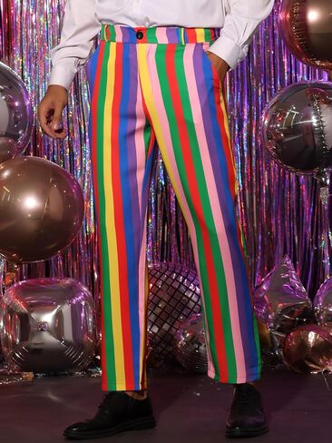 Lars Amadeus Rainbow Pants for Men's Regular Fit Flat Front Color Block Stripe Dress Trousers in Saudi Arabia