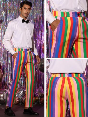 Lars Amadeus Rainbow Pants for Men's Regular Fit Flat Front Color Block Stripe Dress Trousers in Saudi Arabia