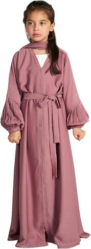 AWIBMK Girls Abayas Pleated layered Open Abaya Dubai Kaftan Prayer Dress with Belt Kids Islamic Muslim Cardigan Kimono Robe in Saudi Arabia