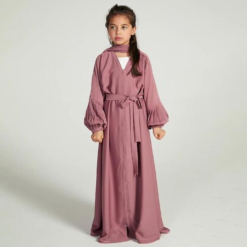 AWIBMK Girls Abayas Pleated layered Open Abaya Dubai Kaftan Prayer Dress with Belt Kids Islamic Muslim Cardigan Kimono Robe in Saudi Arabia