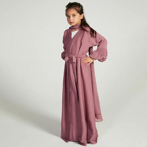 AWIBMK Girls Abayas Pleated layered Open Abaya Dubai Kaftan Prayer Dress with Belt Kids Islamic Muslim Cardigan Kimono Robe in Saudi Arabia
