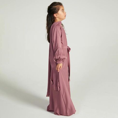 AWIBMK Girls Abayas Pleated layered Open Abaya Dubai Kaftan Prayer Dress with Belt Kids Islamic Muslim Cardigan Kimono Robe in Saudi Arabia