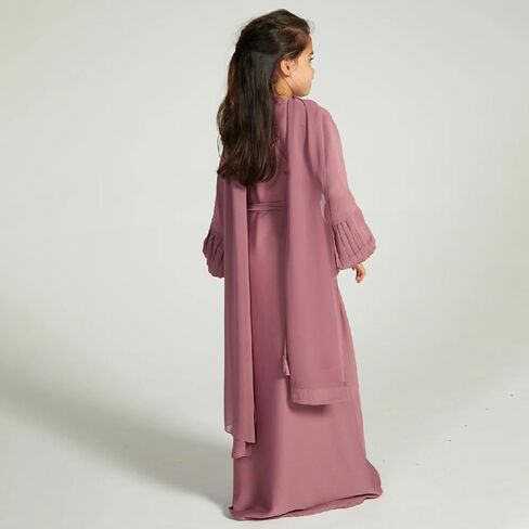 AWIBMK Girls Abayas Pleated layered Open Abaya Dubai Kaftan Prayer Dress with Belt Kids Islamic Muslim Cardigan Kimono Robe in Saudi Arabia