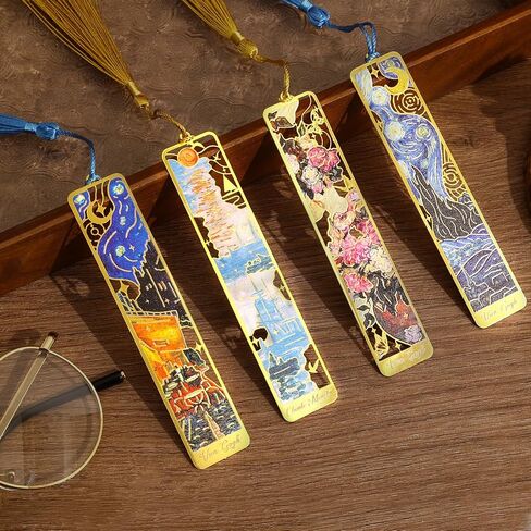4 Pieces Metal Bookmarks with Tassel, Golden Hollow Bookmark Monet Van Gogh Oil Painting Theme Book Mark Bookmarks for Book Lovers Writers Readers Children Teens for Women Adults in Kuwait
