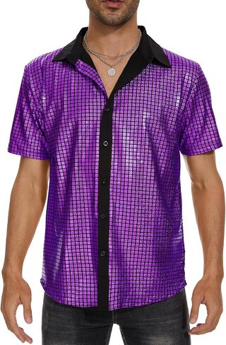 Mens 70s Disco Shirt Metallic Sequin Short Sleeve Vintage Outfits Button Down Shirts Nightclub Party Tops in Saudi Arabia