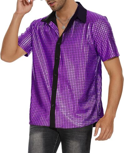 Mens 70s Disco Shirt Metallic Sequin Short Sleeve Vintage Outfits Button Down Shirts Nightclub Party Tops in Saudi Arabia