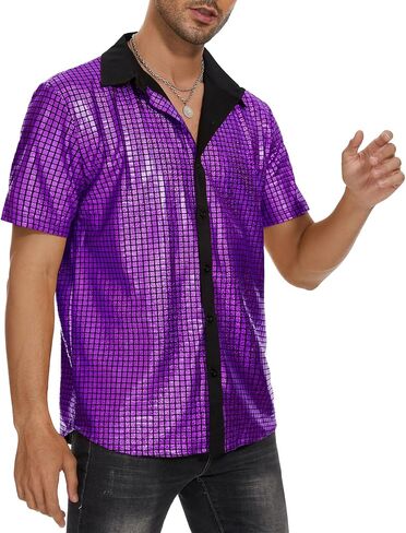 Mens 70s Disco Shirt Metallic Sequin Short Sleeve Vintage Outfits Button Down Shirts Nightclub Party Tops in Saudi Arabia
