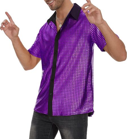 Mens 70s Disco Shirt Metallic Sequin Short Sleeve Vintage Outfits Button Down Shirts Nightclub Party Tops in Saudi Arabia