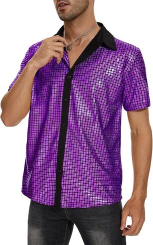 Mens 70s Disco Shirt Metallic Sequin Short Sleeve Vintage Outfits Button Down Shirts Nightclub Party Tops in Saudi Arabia
