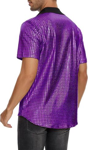 Mens 70s Disco Shirt Metallic Sequin Short Sleeve Vintage Outfits Button Down Shirts Nightclub Party Tops in Saudi Arabia