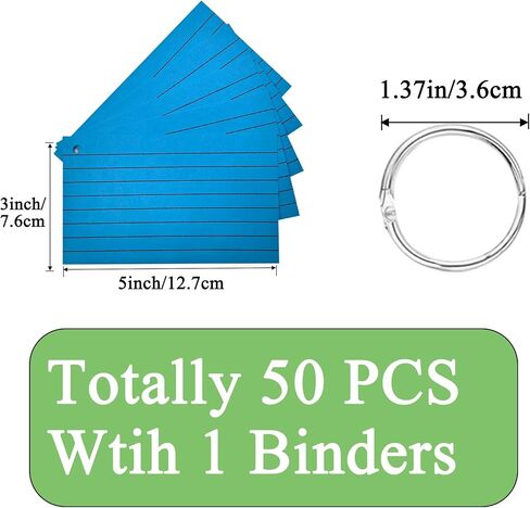 50Pcs Index Cards with 1 Ring, 3 x 5 Inches Ruled Index Cards, Colored Index Flash Cards, Lined on Both Side Colored Notecards for Study, Learning, Memory, Recipe (Blue) in Saudi Arabia