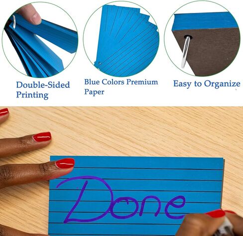 50Pcs Index Cards with 1 Ring, 3 x 5 Inches Ruled Index Cards, Colored Index Flash Cards, Lined on Both Side Colored Notecards for Study, Learning, Memory, Recipe (Blue) in Saudi Arabia