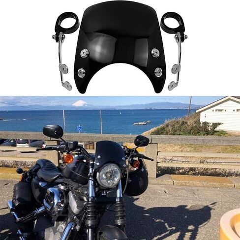 HDBUBALUS Motorcycle Windshield Windscreen,1.57‘’ Fork Mount 5.9‘’ Round-Headlight For Harley Sportster 883 XL883 1200 Custom XL1200 Low（Black） in Saudi Arabia