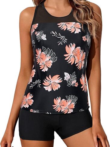 ملابس سباحة Yonique Tankini للنساء مع شورت رياضي من قطعتين لباس سباحة Racerback بدون أكمام ملابس سباحة in Saudi Arabia