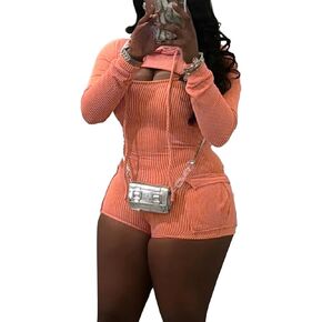 Women Sexy 2 Piece Set Going Out Ribbed Crop Top Hoodies Workout Romper Bodycon Club Outfits