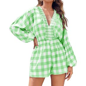 Tongmingyun Womens Romper Plaid Long Puff Sleeve Deep V Neck Short Jumpsuits Vacation Outfits