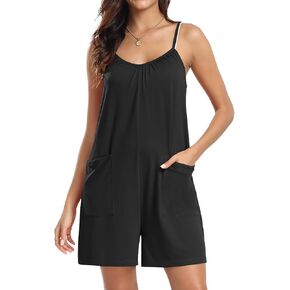 PrinStory 2024 Womens Sleeveless Rompers Summer Casual Adjustable Spaghetti Strap Shorts Loose Overalls Jumpsuit With Pockets